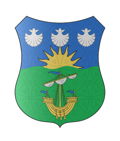 "Per fess undy azure and vert, issuant from the line of division a demi-sun in splendour Or, in chief three escallops argent; in base a lymphad Or, sails argent, flagged azure."|400